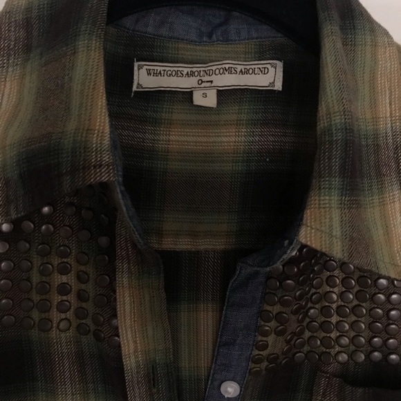 What goes around comes around greed plaid button down shirt - Picture 3 of 5